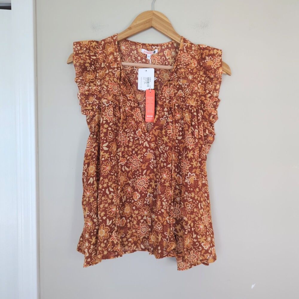 Sundry NWT Sienna Flutter Sleeve Short Sleeve V Neck Rust Floral Top 1 Fall